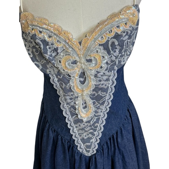 Vintage 1980s Loralie Denim Jean Mini Dress Size 10 Lace Beaded Sequins Country - Picture 2 of 10